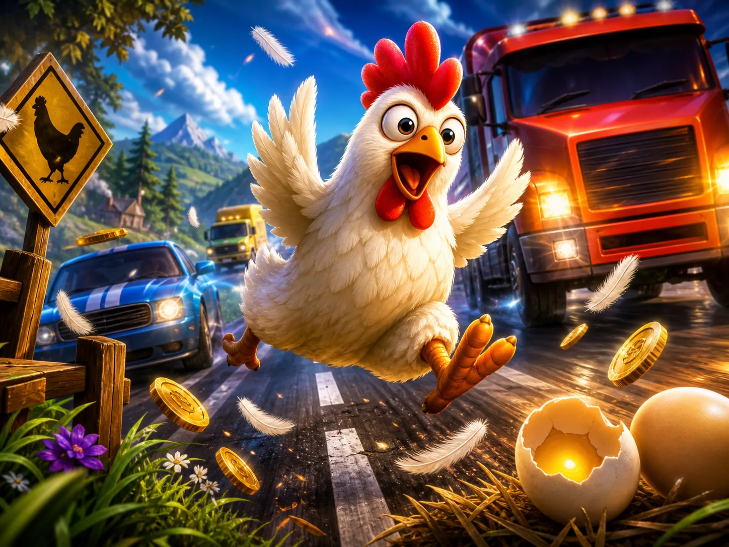 Vibrant artwork of Chicken Road slot game featuring a cartoon chicken character navigating a busy humorous road.